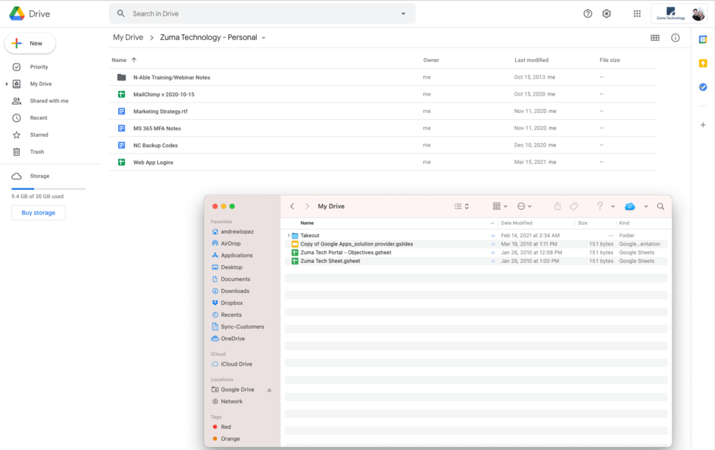 Screenshot of Google Drive local and Google Drive web version to upload data